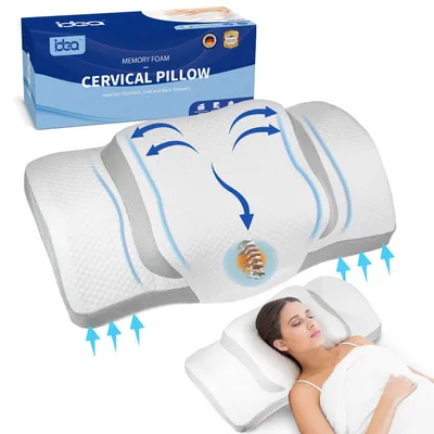 A product shot of a memory foam cervical pillow with a box and a person sleeping on it.