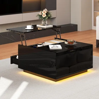 Image de Table basse relevable avec LED, tiroir & portes rabattables, 70×70×38 cm, noir