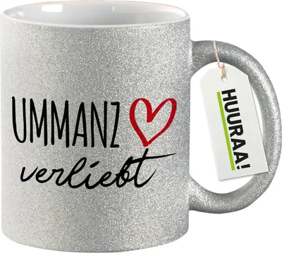 Produktbild von Huuraa Glitzertasse Ummanz verliebt 330ml Silber Keramik Kaffeebecher Geschenkidee