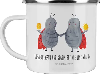 Produktbild von Mr. & Mrs. Panda Emaille Tasse Sternzeichen Zwilling - Weiß - Geschenk, Zwillingsschwester, Glückskäfer, Marienkäfer, Teetasse, Campingbecher, Geburtstag Mai, Zwillinge