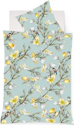 Produktbild von Fleuresse Mako-Satin Bettwäsche 155x220 Zitronen Blüten Vögel smaragd 114345-05