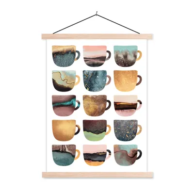 Produktbild von MuchoWow® Textilposter Abstrakt - Kaffeetassen - Pastell - Muster 60x80 cm mit holzfarbenen Rahmen - Wandbild