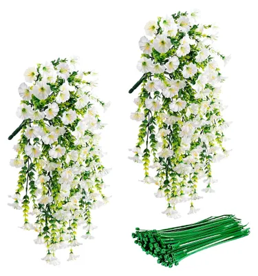 Produktbild von 2 Stück Künstliche Hängepflanzen Weiß, 76 cm Künstliche Petunien mit Efeu und Eukalyptus & 10 Bindfäden, UV-beständige Kunstblumen für Herbstdeko, Balkon, Terrasse, Garten, Wanddekoration