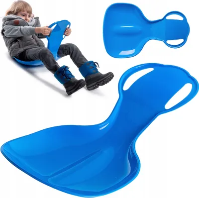 A child is shown using a blue sled on a snowy slope, with close-up views of the sled.