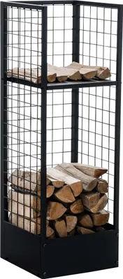A black metal firewood rack filled with logs.