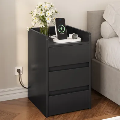 Productafbeelding van YITAHOME nachtkastje met 3 lades, stekkerdoos met 2 USB-poorten, zwart