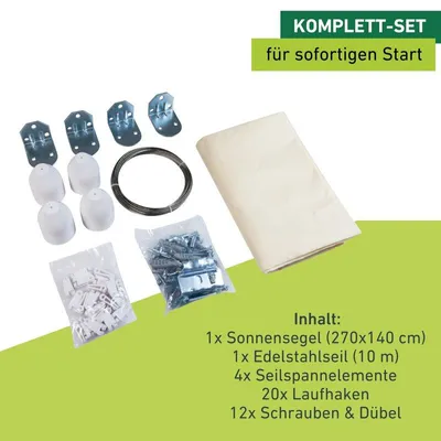 Produktbild von Seilspann-Sonnensegel + Montageset 270x140cm, cremeweiß