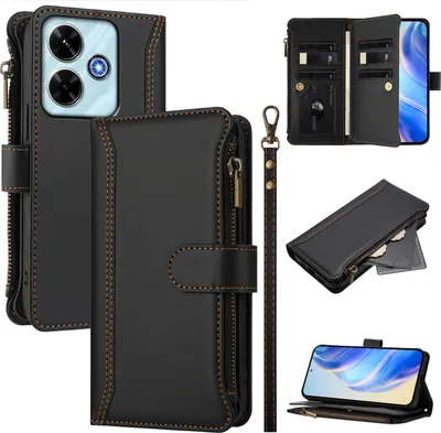 Obrázek produktu pro Pouzdro pro Xiaomi Poco M6 4G/Redmi 13/Redmi 13 5G, zipem, peněženkovéPolyuretankožené flip pouzdro s kapsami na karty, stojánkem a poutkem na ruku černý