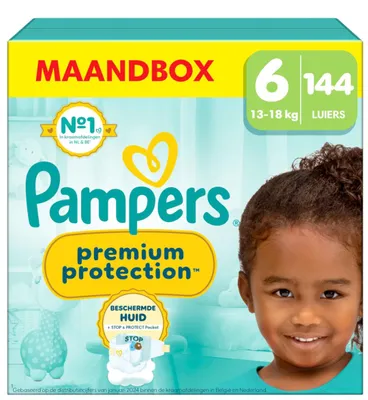 Image de Couches Pampers Premium Protection, taille 6 XL, pour enfants de plus de 13 kg, boîte de 144 couches
