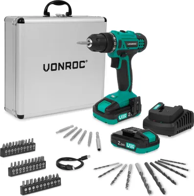 Produktbild von Vonroc Akku-Bohrschrauber 20V | Inkl. 2x 2,0Ah Akku, Ladegerät und 46 Zubehörteilen im Premium-Koffer