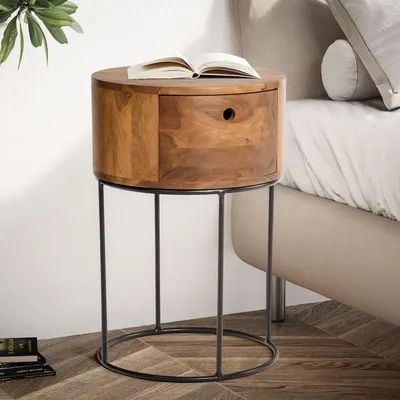 Produktbild von FineBuy Nachtkonsole rund aus Sheesham Massivholz mit Schublade - Nachttisch im Industrial Design mit Stauraum, Nachtkästchen für Boxspringbetten