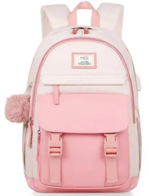 Produktbild von Rucksack für Teenagerinnen & Frauen, Laptop-Schulrucksack 15.6" Beige Rosa, mit USB-Ladeanschluss