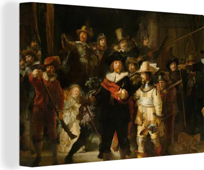Obrázek produktu pro OneMillionCanvasses® - Obrazy na plátně - 140x90 cm, Noční hlídka - obraz od Rembrandta van Rijn, nástěnný tisk Nástěnná dekorace - fotografie na plátně - obraz na dřevěném rámu