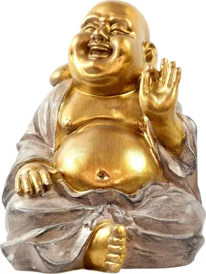 Produktbild von XXL MF Lachende Buddha Figur mit dickem Bauch Skulptur Deko Feng Shui Yoga Meditation in gold / grau Höhe 33cm