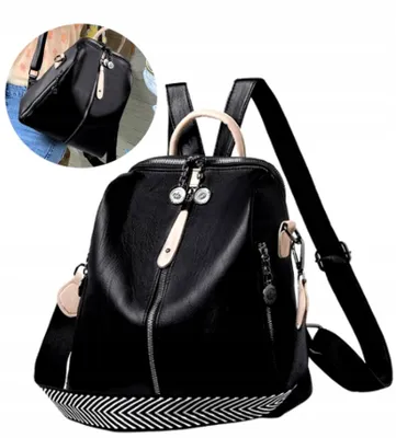 Produktbild von Großer Retro-Rucksack für Frauen, schwarzes umweltfreundliches Kunstleder, 30x28x12 cm