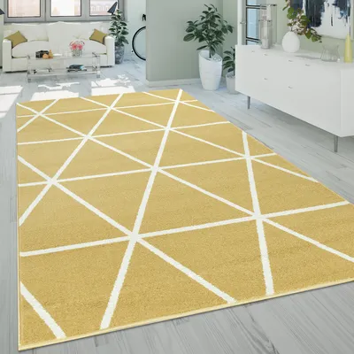Produktbild von Kurzflor Wohnzimmer Teppich Modern Geometrisches Design Rauten Muster In Gelb Grösse 60x100 cm
