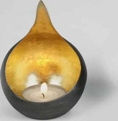 Produktbild von Lambert Caldera Windlicht Eisen klein außen vernickelt gebürstet, innen Metalblatt gold H 15 cm, D 11,5 cm, passend für Teelichter 40607