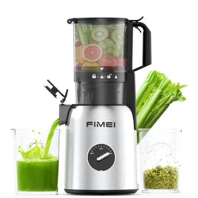 Produktbild von FIMEI Slow Juicer mit 135 mm Weitem Einfüllschacht für ganzes Obst und Gemüse, Einfach zu Reinigen, Inkl. 2 Gläsern & Edelstahlsockel