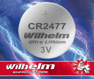 A close-up of a CR2477 lithium button cell battery with brand and product information, set against a background of blue lightning.