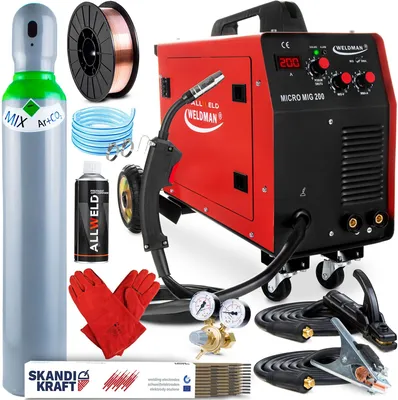 Produktbild von Weldman Micro MIG 200 - 200A Kombi Inverter MIG MAG Schweißgerät Schutzgas und Fülldraht mit Fahrwerk - MMA Schweißen - Set Professional