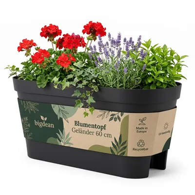 Produktbild von BigDean Blumenkasten Balkongeländer 60cm Anthrazit | Balkonkasten inklusive Halterung, Blumentopf zum Aufhängen, Wasserablauf gegen Staunässe,Balkonto