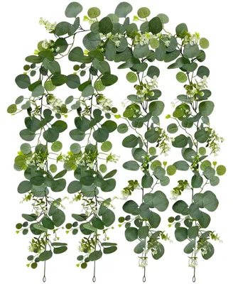 Produktbild von 2-teilige Eukalyptus-Girlande (1,8 m lang), künstliche Eukalyptusgirlande, grüne Hängeblumengirlande, künstliche Girlande mit weißen Blüten, Blättergirlande für Hochzeiten, Partys und Gartenfeste