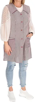 Produktbild von 7/8 Kasack Baumwolle gestreift Schürze kurz ohne Arm Kochschürze Kittelschürze, Farbe:bordeaux, Größe:34
