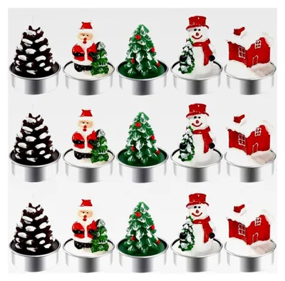 Produktbild von 15 Stück Teelichtkerzen Weihnachten in 5 Designs – Handgemachte Weihnachtsmann, Schneemann, Tannenzapfen, Weihnachtsbaum und Weihnachtshaus Kerzen für die Weihnachtsdekoration
