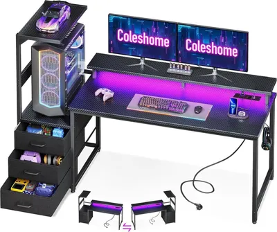 Obrázok produktu pre Herný stôl s osvetlením LED a elektrickou zásuvkou, uhlíkové vlákna, čierny, 151 × 50 cm
