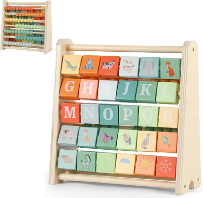 Produktbild von Holz-Rechenrahmen für Kinder – Doppelseitiges, montessorisches Lernspielzeug mit Alphabet – 70 Perlen und 30 Tierbilder-Buchstaben