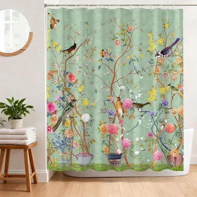 Produktbild von Duschvorhang 180 x 180 cm mit Blumen- und Vogelmuster, waschbares Polyestergewebe, wasserdicht, mit 12 Haken