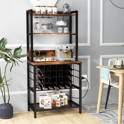 A kitchen baker's rack with wine storage and a coffee machine, set in a dining room.