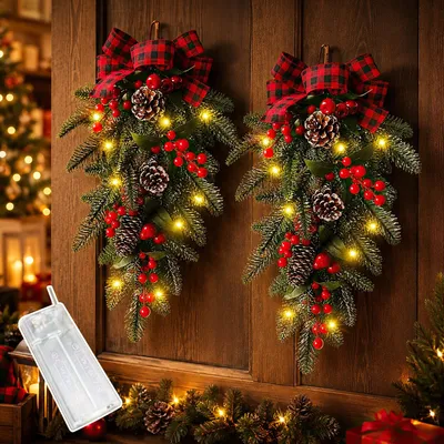 Productafbeelding van Kerstmis deurkrans met LED verlichting, 69 cm, voor buiten en binnen gebruik