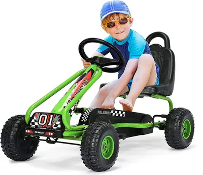 Produktbild von Kinder Gokart mit Handbremse & verstellbarem Sitz, Tretauto Tretfahrzeug mit geschlossenem Kettenkasten & Vor- und Rückwärtsgang,  für Kinder 3-6 Jahren, bis 30 kg belastbar (Grün)