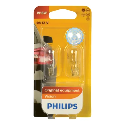 A retail package containing two Philips W16W 12V automotive light bulbs.