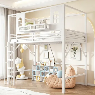Productafbeelding van Flieks etagebed 90x200 cm met plank, kinderbed in de vorm van een huis met raam en dak, hoogslaper met metalen frame en ladder, eenpersoons hoogslaper wit