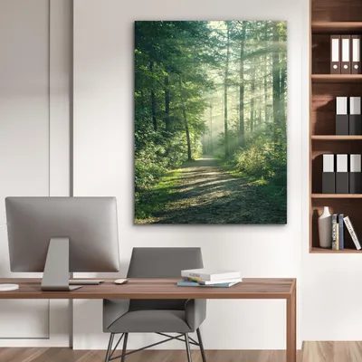 Produktbild von MuchoWow Wanddekoration Metall Metallbild Wandkunst 90x120 cm Wald - Weg - Sonne - Bäume - Grün - Natur MuchoWow Aluminium Gemälde - Industrial