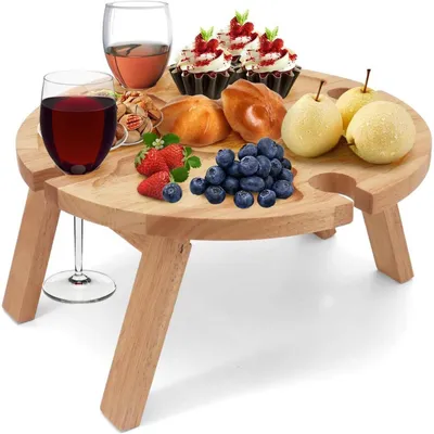 Produktbild von Klappbarer Picknicktisch aus Holz mit Rotweinglashalter, Outdoor-Weintisch, faltbar, 30,15 cm