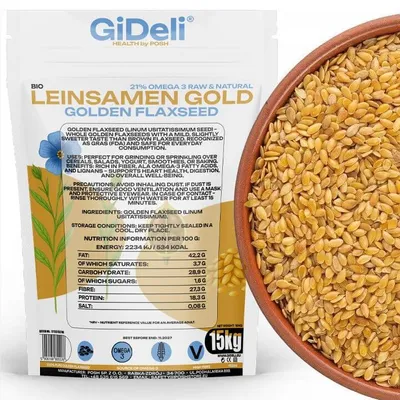 Immagine prodotto di Semi di lino dorati 15 kg, interi, vegani, naturali, ricchi di fibre, per la panificazione, GiDeli