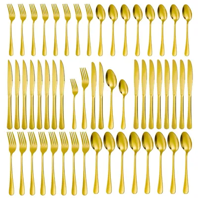 Immagine prodotto di Set di posate da 48 pezzi, in acciaio inossidabile dorato, per la cucina, per 8 persone, con coltelli per bistecca