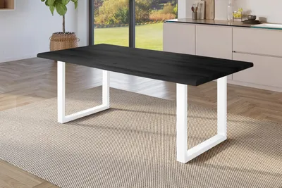 Produktbild von Refurbished Möbelretoure Esstisch 200x100 cm Baumkante Holz Grau-Optik U-Gestell Metall weiß JULIUS
