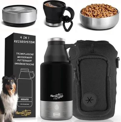 Image de Bouteille d'eau pour chien Unyqoos® de 1 litre, idéale pour les déplacements – Gourde de voyage pour l'alimentation et l'hydratation, avec gamelle rotative, compartiment à friandises, sac de transport, système de fermeture rapide, noire, sans BPA