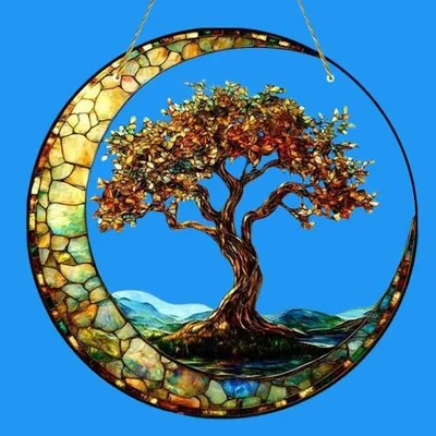 Produktbild von GKA XL Sonnenfänger Baum des Lebens Halbmond 20 cm Buntglas Lichtfänger Fensterbild Fenster Fensterschmuck Fensterdeko