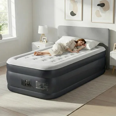 Immagine prodotto di Materasso gonfiabile LEADZM con pompa integrata, 190 x 99 x 45 cm. Materasso gonfiabile con superficie morbida e traspirante, materasso gonfiabile, colore grigio, Immagine generata dall'IA