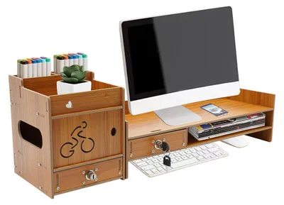 Produktbild von Monitorständer Holz mit Schublade und Organizer, Monitorerhöhung für Arbeitszimmer & Büro
