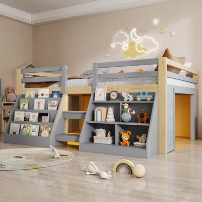 Imagen del producto de Cama infantil de 140x200 cm con 2 estantes, cama superpuesta, cama alta con barandilla, litera de madera con protección anticaídas, cama doble con somier, color gris
