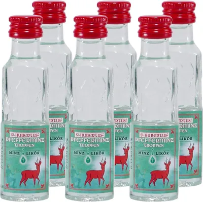 A group of small bottles of St. Hubertus Pfefferminz Tropfen.