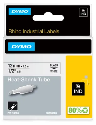 Produktbild von DYMO Rhino Industrie Schrumpfschlauch-Kabeletiketten | 12 mm1,5 m | Schwarz auf weiß | für Rhino Beschriftungsgerät, D1, Belgien, 1,5 m, 1 Stück(e), 34 mm, 85 mm