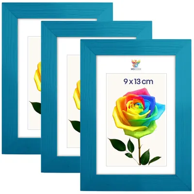Produktbild von MG Design 3er Set Bilderrahmen 9 x 13 cm - Fotorahmen mit Türkis Echtholzrahmen und bruchsicherem Acrylglas, Hoch & Quer zum Aufhängen, zum Aufstellen