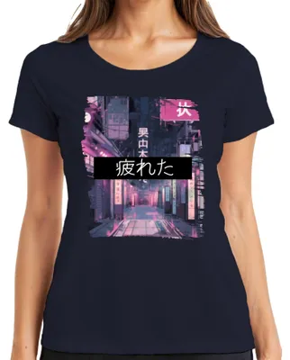 Obrázok produktu pre japonsko Kanji Neon Cyberpunk Anime Aesthetics Tokyo Retro Street Dámske tričko, Navy, S